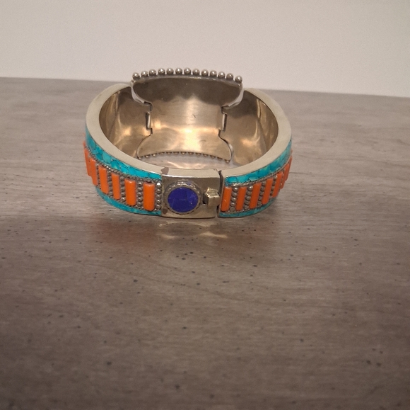 Coral, Turquoise And Lapis Lazuli Gemstone Bangle - Picture 2 of 4